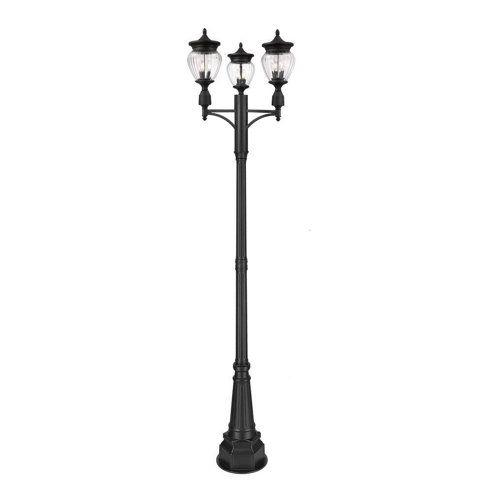 Textured Matte Black 3-Light Outdoor Post Lamp with Glass Shades