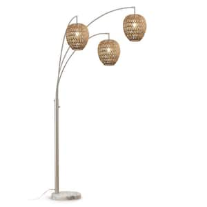 Kuta 83 in. Brushed Nickel 3-Lights Arc Tree Floor Lamp with Rattan Shades