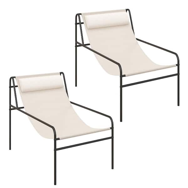 Gymax 2-Pieces Patio Sling Chair Modern Accent Chair with Removable Headrest and Sturdy Metal Frame