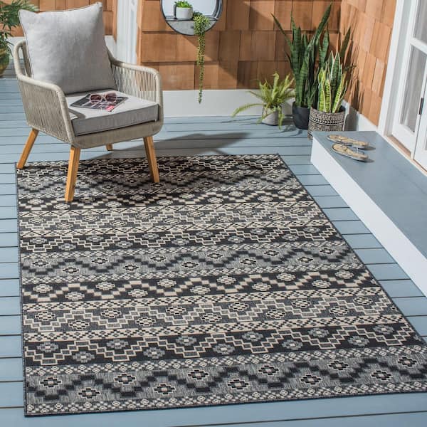 Veranda Black/Beige Doormat 3 ft. x 3 ft. Aztec Tribal Indoor/Outdoor Patio Square Area Rug