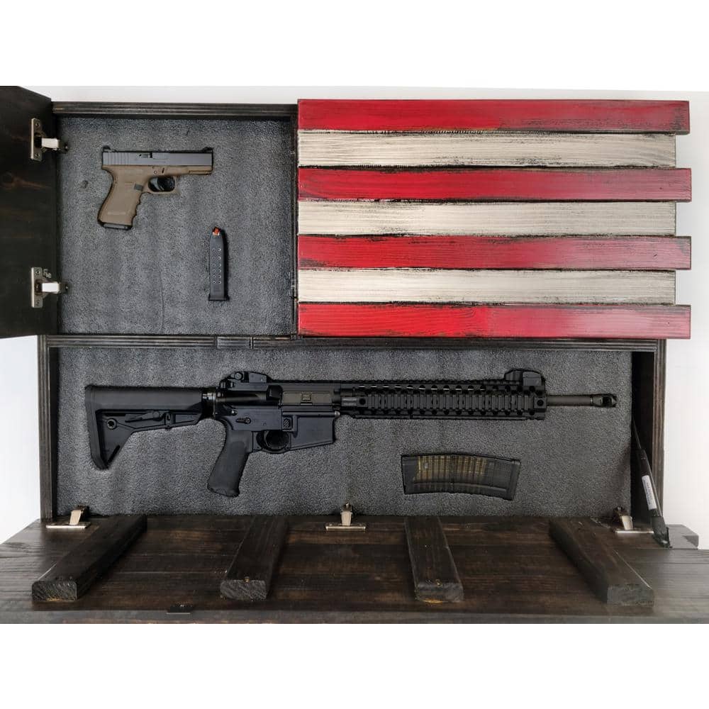 Large American Flag Wooden Wall Mounted Lockable Gun Concealment