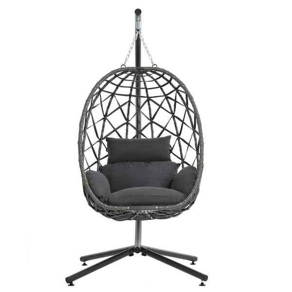 YIYEKE 1-Person Wicker Patio Swing Egg Chair with Stand and Gray Cushion