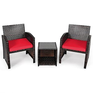 3-Pieces Rattan Patio Conversation Furniture Set Yard Outdoor with Red Cushions