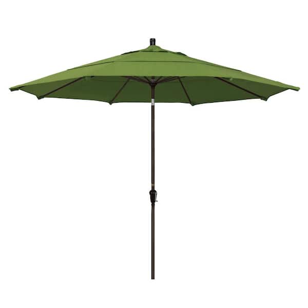 California Umbrella 11 ft. Bronze Aluminum Pole Market Aluminum Auto Tilt Crank Lift Outdoor Patio Umbrella in Spectrum Cilantro Sunbrella