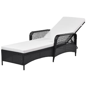Black Wicker Patio Outdoor Chaise Lounge Adjustable Backrest with White Cushion (Set of 2)