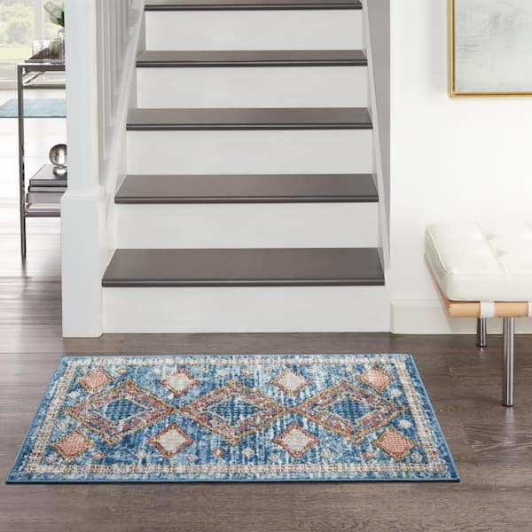 Concerto Blue  doormat 2 ft. x 4 ft. Border Contemporary Kitchen Area Rug