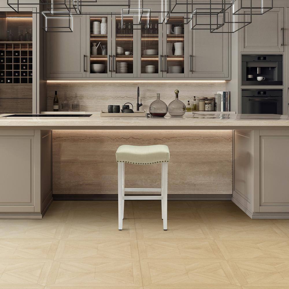 Beige Upholstered Backless Saddle Bar Stool with Nail Head Trim