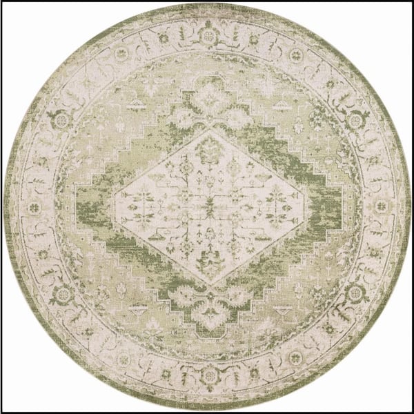 Nourison Astra Machine Washable Ivory Green 5 ft. x 5 ft. Center medallion Traditional Round Area Rug
