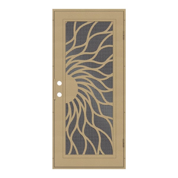 Unique Home Designs 32 in. x 80 in. Sunfire Desert Sand Left-Hand Surface Mount Aluminum Security Door with Black Perforated Metal Screen