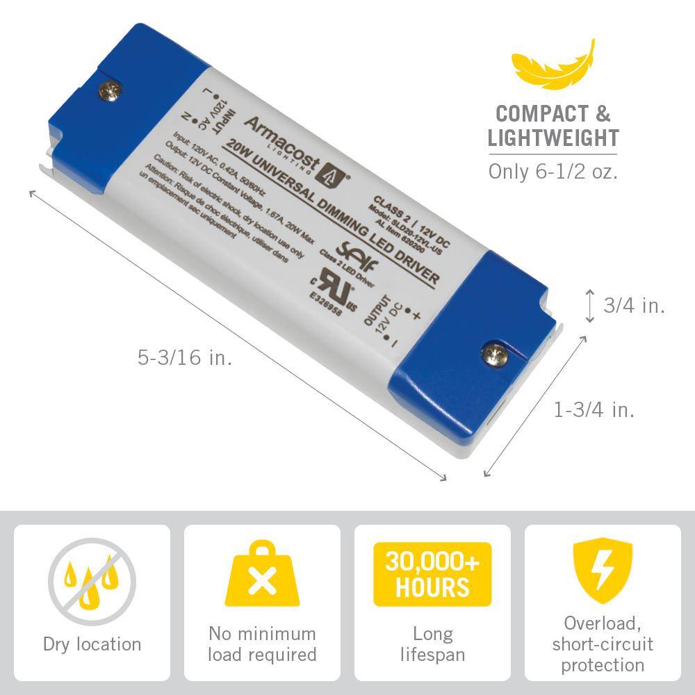 Universal Dimmable 12V 20W LED Driver with Detachable AC Cord