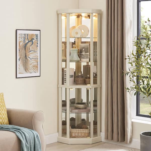 White 69 in. H Lighted Glass Display Case for Antique Collections/ Wine-Includes Built-in Lighting