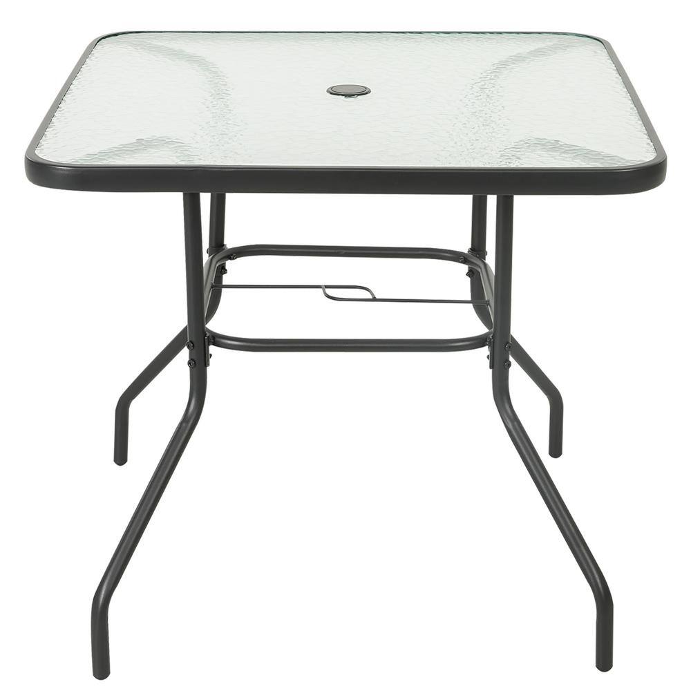 Black Square Metal Outdoor Dining Table with Tempered Glass Top