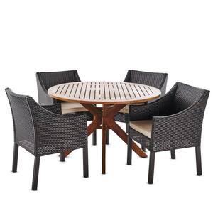 Owen Multi-Brown 5-Piece Faux Rattan Outdoor Dining Set with Beige Cushions
