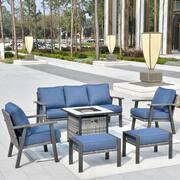 Walden Grey 6-Piece Wicker Steel Outdoor Patio Conversation Sofa Set with a Fire Pit and Denim Blue Cushions