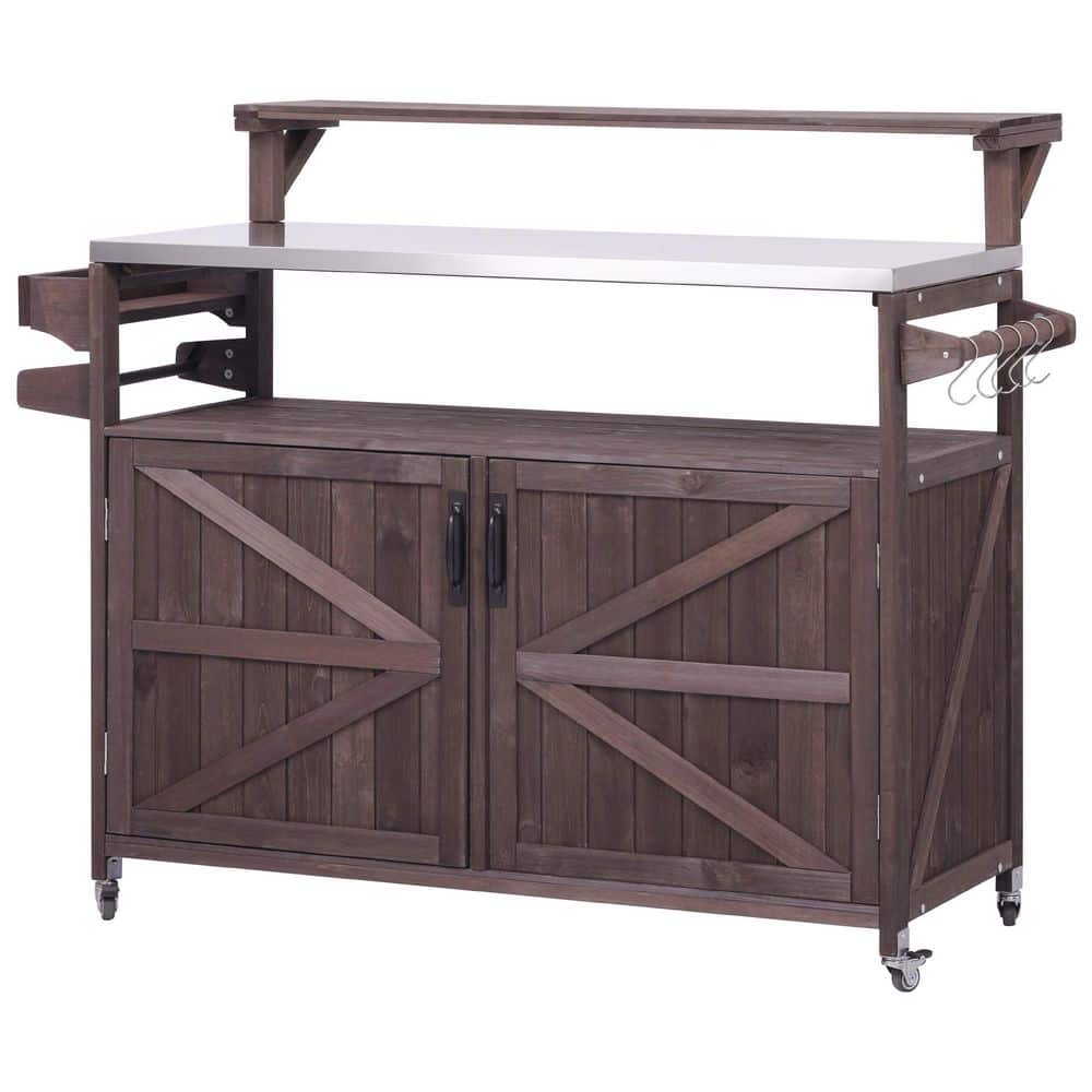 Brown Outdoor Kitchen Cart with Raised Shelves Solid Wood Storage Cabinets 