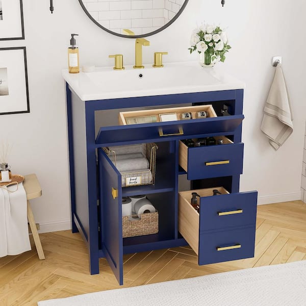30 in. W Freestanding Bath Vanity in Blue with White Ceramic Top and Ample Storage