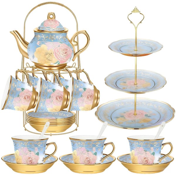 21-Piece 6-Cup Blue Porcelain Tea Pot Set with Cups, Saucers, Metal Holder and Cupcake Stand for Parties Weddings