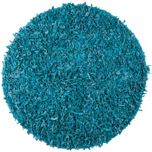 Leather Shag Light Blue 4 ft. x 4 ft. Round Solid Area Rug