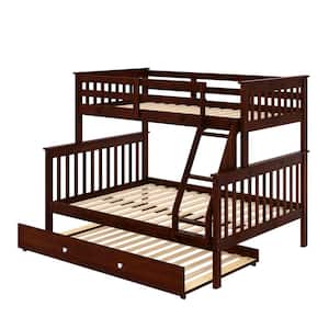 Dark Cappuccino Brown Pine Wood Twin & Full Mission Bunk Bed with Twin Trundle Bed