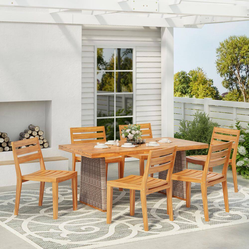 Orvian Modern Rustic Teak Finish 7-Piece Solid Wood and Brown Wicker Woven Outdoor Dining Set, Slat Design price history on PriceWatchPro