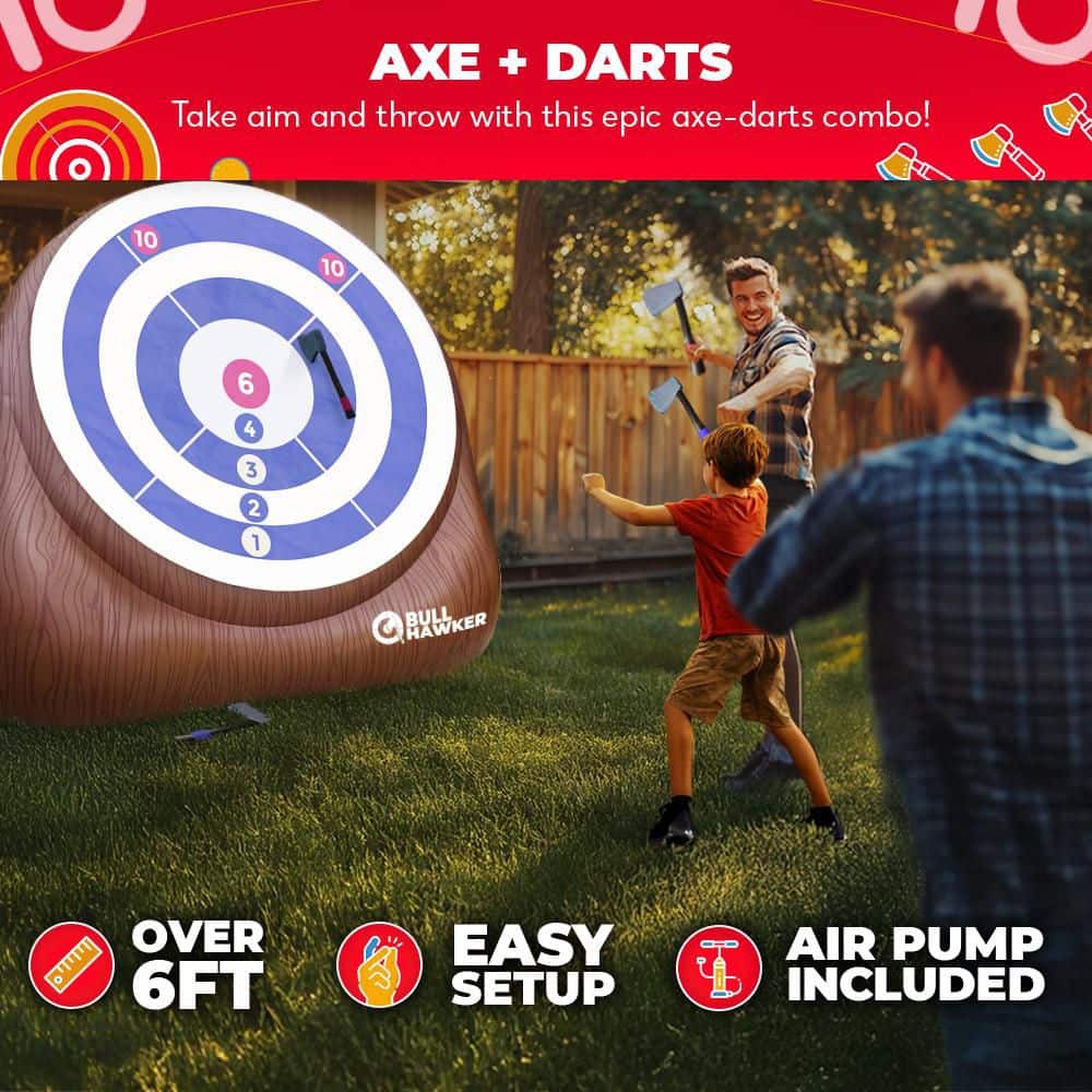 Bull Hawker : Giant Axe Darts (Over 6ft Tall) w/ 15  Games : Axe Throwing Game for Backyard w/ Air Pump : Carnival Games