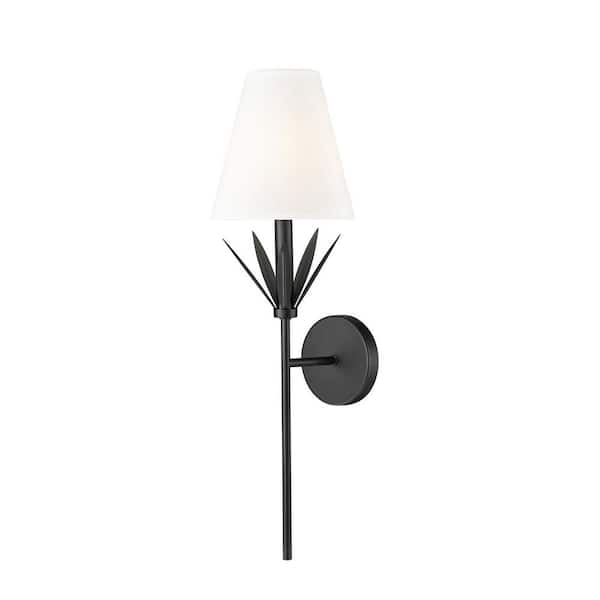 Primrose 24 in. 1-Light Matte Black Wall Sconce with White Linen Shade