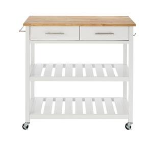 Glenville Cream White Rolling Kitchen Cart with Butcher Block Top, Double-Drawer Storage and Open Shelves (36" W)