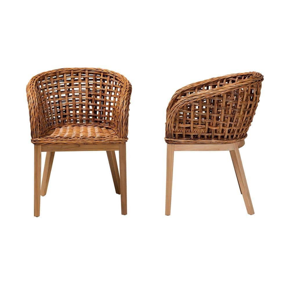 Natural Brown Teak Wood and Rattan 2-Piece Dining Chair Set