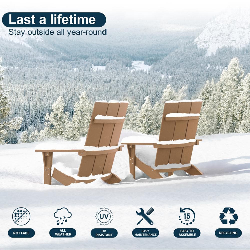 Teak Brown Plastic Adirondack Chairs with Cup Holder, Set of 4