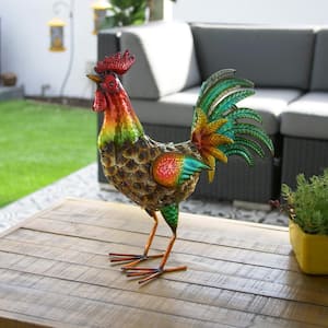 16 in. Tall Outdoor Metallic Rooster Standing Yard Statue Decoration, Turquoise