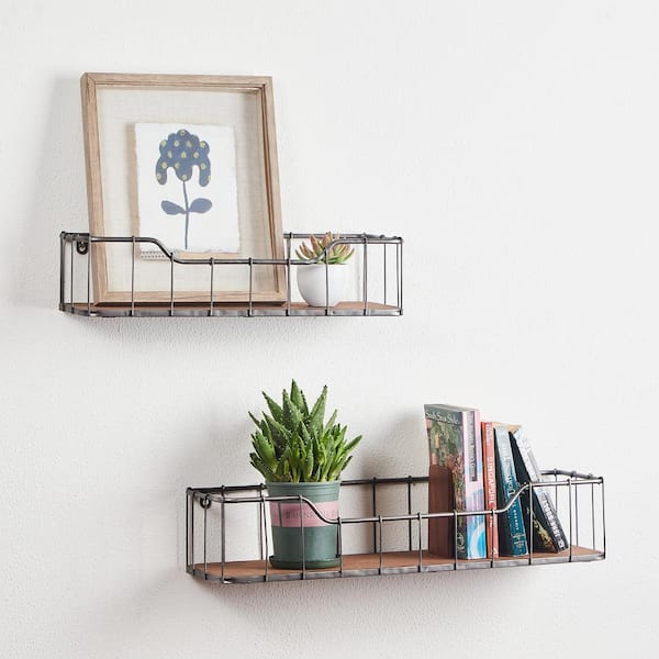 Metal Wire Floating Wall Shelf Multi Section Home Decor Set of 2 Gold or Black 