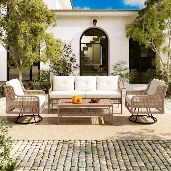 4-Piece Brown Wicker Outdoor Patio Conversation Sectional Sofa Set with Beige Thick Cushion and Swivel Chairs
