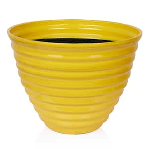 16 in. Indoor/Outdoor Round Glazed Plastic Planter, Yellow