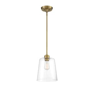 Meridian 9.5 in. W x 11.5 in. H 1-Light Natural Brass Pendant Light with Clear Open Glass Shade