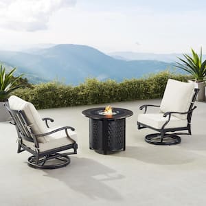 Black 5-Piece Aluminum Patio Fire Table Set with Light Grey Cushions