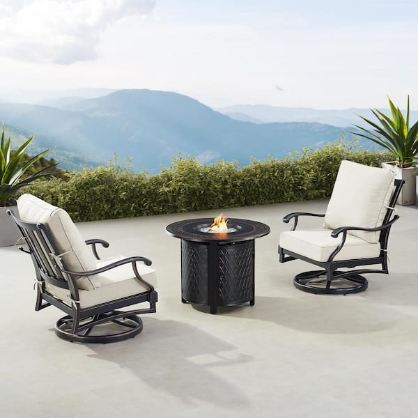Oakland Living Black 5-Piece Aluminum Patio Fire Table Set with Light Grey Cushions