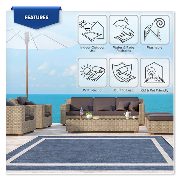 Beverly Rug 5 x 7 Blue White Waikiki Modern Bordered Indoor Outdoor Area Rug, Blue/White