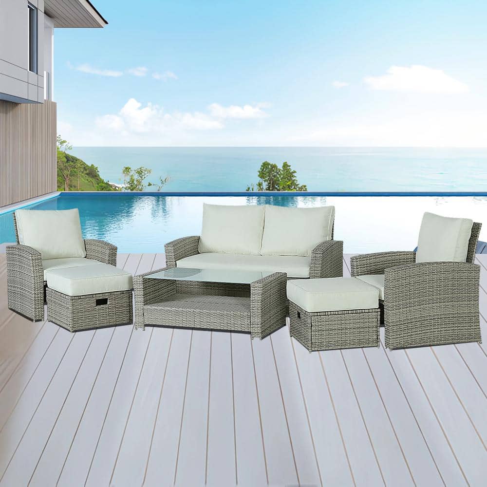 6-Piece Gray Wicker Outdoor Sectional Set, Rattan Outdoor Patio Set with Be