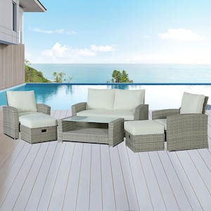 6-Piece Gray Wicker Outdoor Sectional Set, Rattan Outdoor Patio Set with Beige Cushions, Ottoman and Tea Table