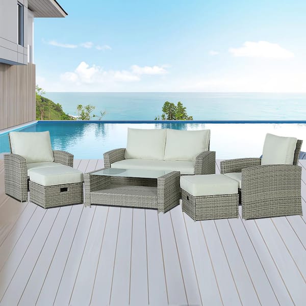 Unbranded 6-Piece Gray Wicker Outdoor Sectional Set, Rattan Outdoor Patio Set with Beige Cushions, Ottoman and Tea Table