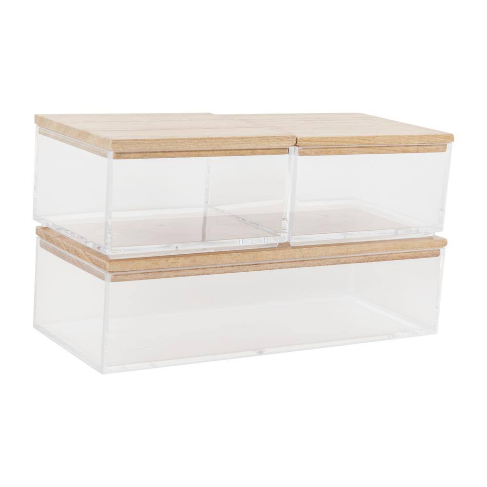 Clear Stackable Plastic Organizer Bins with Light Wood Lids, Set of 3