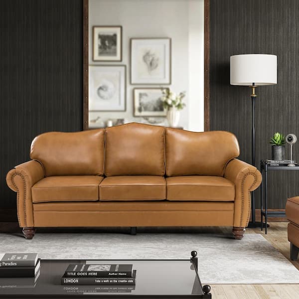 Macimo 81 in. Rolled Arm Genuine Leather Rectangle Transitional 3-Seater Sofa in Brown