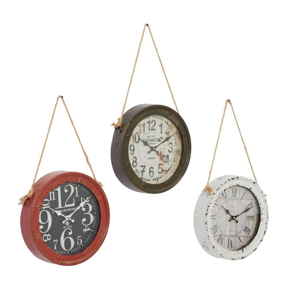 Vintage Round Metal Wall Clocks with Rope Hangers, Set of 3