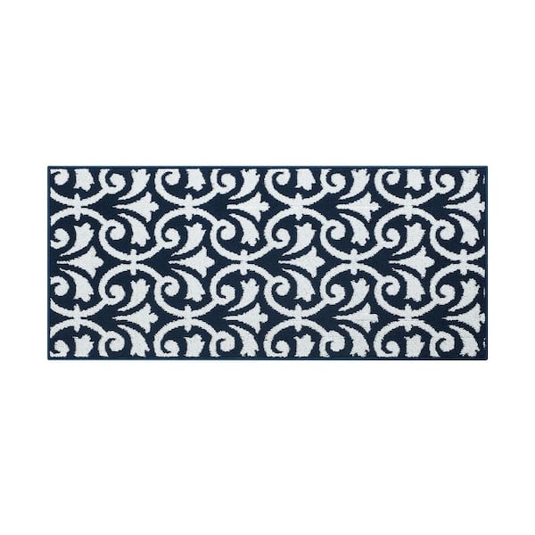 Jean Pierre Washable Non-Skid Navy and White 26 in. x 60 in. Medallion Accent Rug
