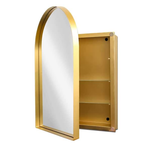 35.8 in. W x 24 in. H Arched Matte Gold Metal Bathroom Storage Medicine Cabinet with Mirror, No Assembly Required