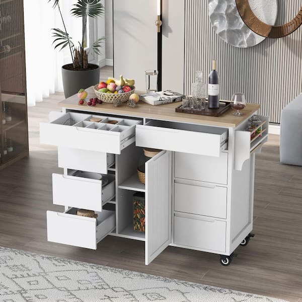 Polibi White Wood Countertop 53.15 in. Kitchen Island Cart, 8-Drawers, 1-Flatware Organizer and 5-Wheels