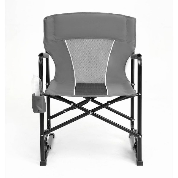 Grey Steel Portable Folding Camping Rocking Chair with Armrests and Cup Holder
