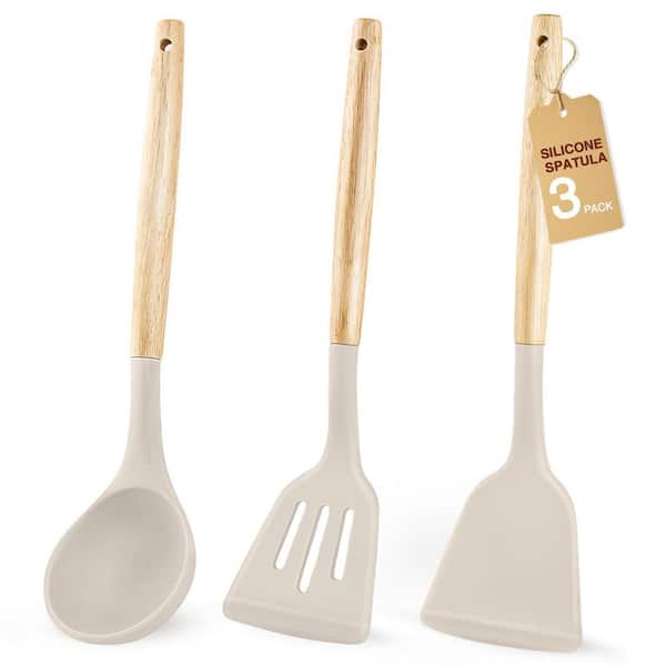Silicone Spatula Set Heat Resistant Nonstick Utensils Khaki Cooking Turner BPA Free with Wooden Handle