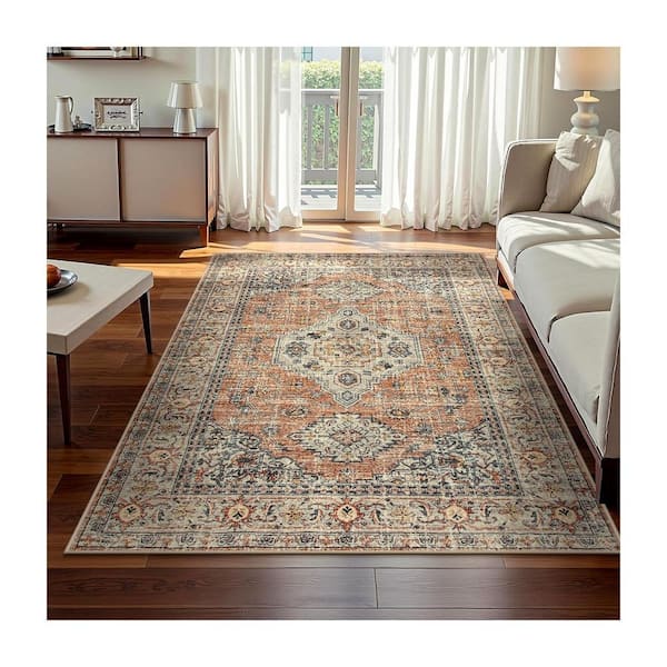 Multi-Color Oriental 5 ft. x 7 ft. Washable Polyester Indoor Area Rug