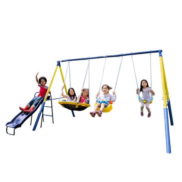 Super Flyer Swing Playset with 2 Flying Buddies, 2-Person Saucer Swing, 2 Swings, & 5-FT Slide